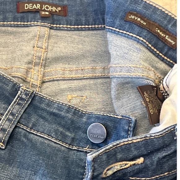 Dear John Joyrich Comfort Skinny Jeans Blue Distressed Patch Denim Womens